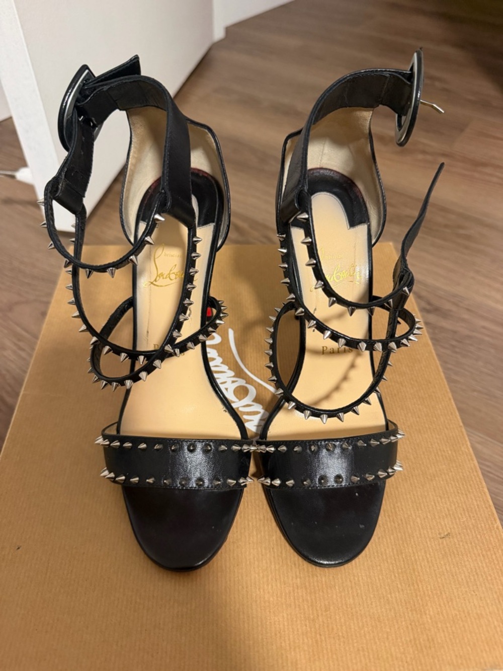 Christian Louboutin Black Spike-Trim Leather Ankle-Strap Heels